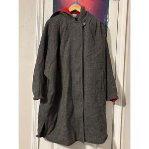 Vintage Citylife Herringbone Hooded Coat Grey Red Made in Yugoslavia Oversized